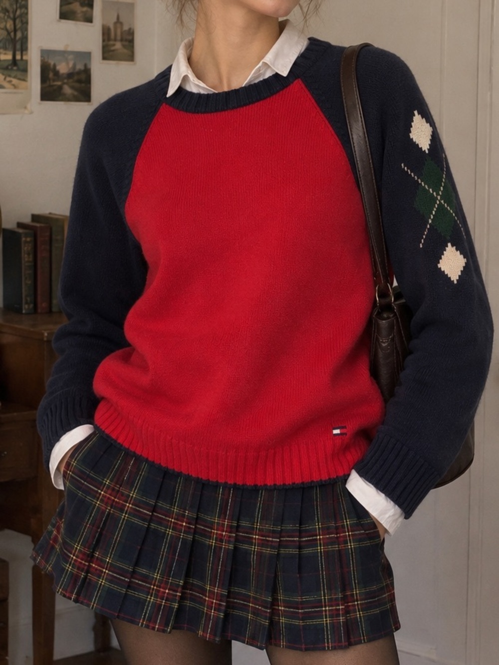 Vintage Tommy Preppy Sweater Argyle Academia heavy 90s Chunky cotton grandpa S